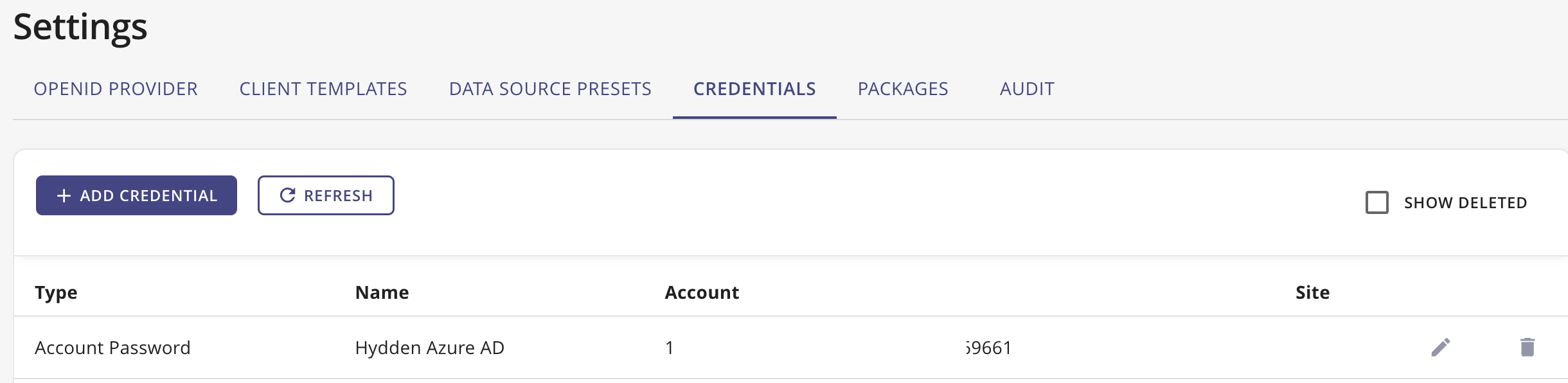 Die Anmeldedaten-Seite in Hydden