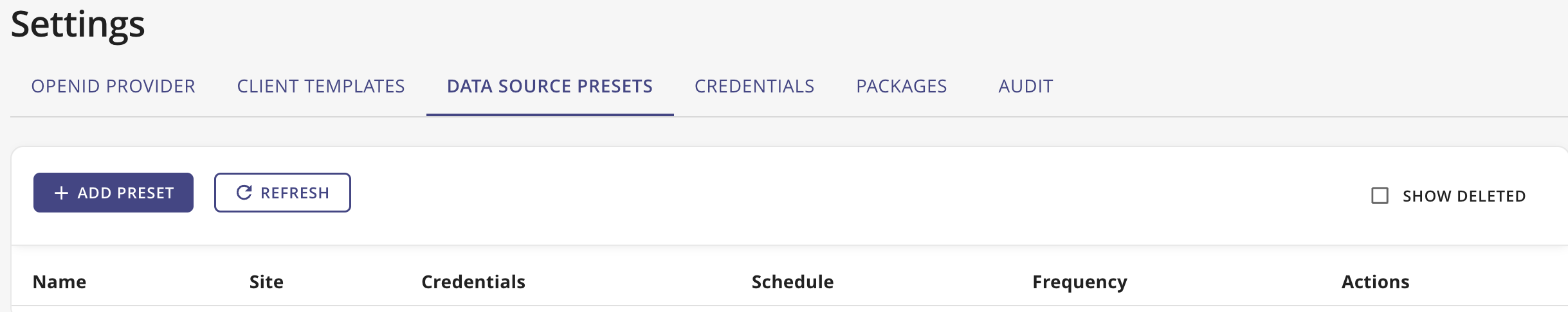 Data Source Presets page