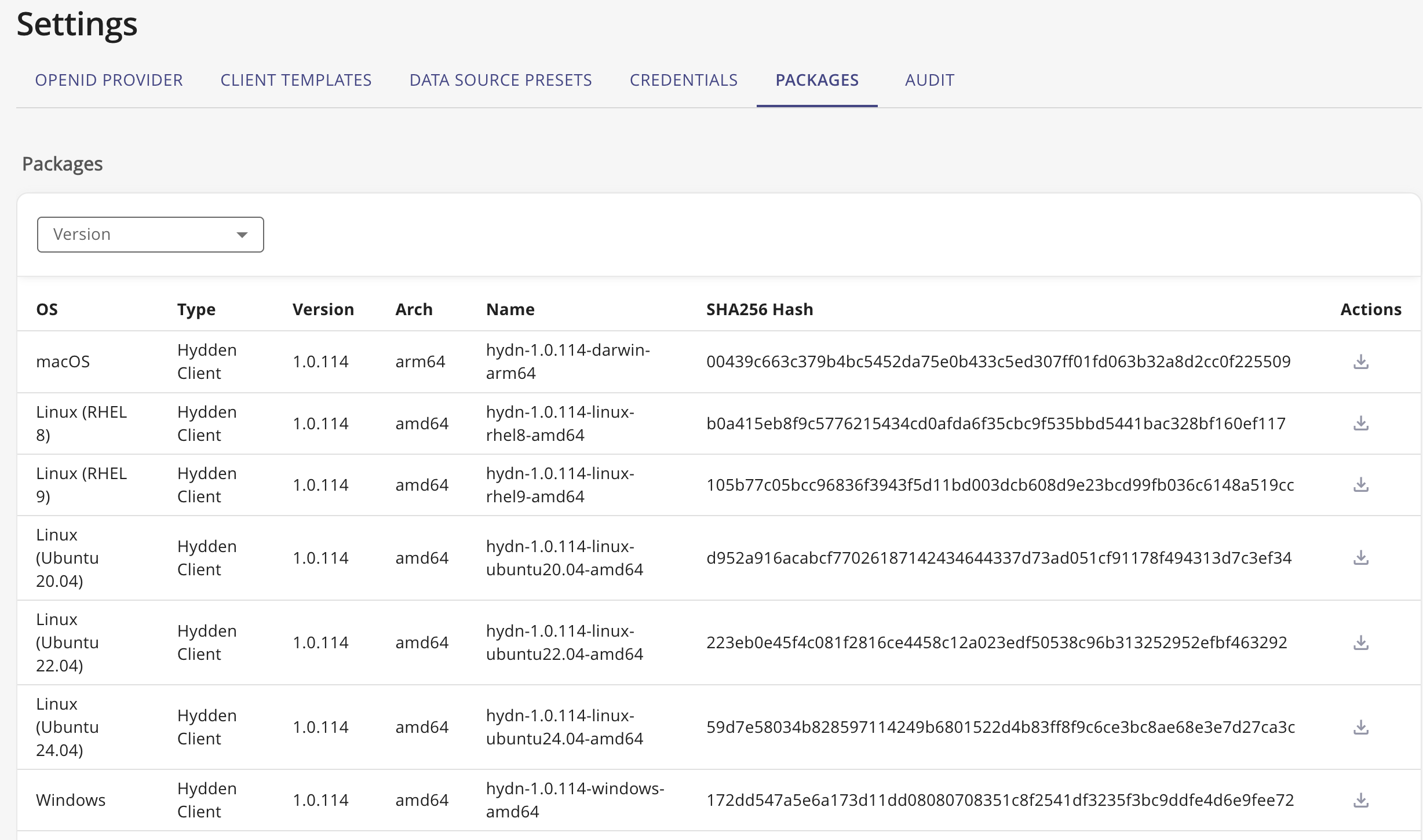 Packages list with version filter expanded