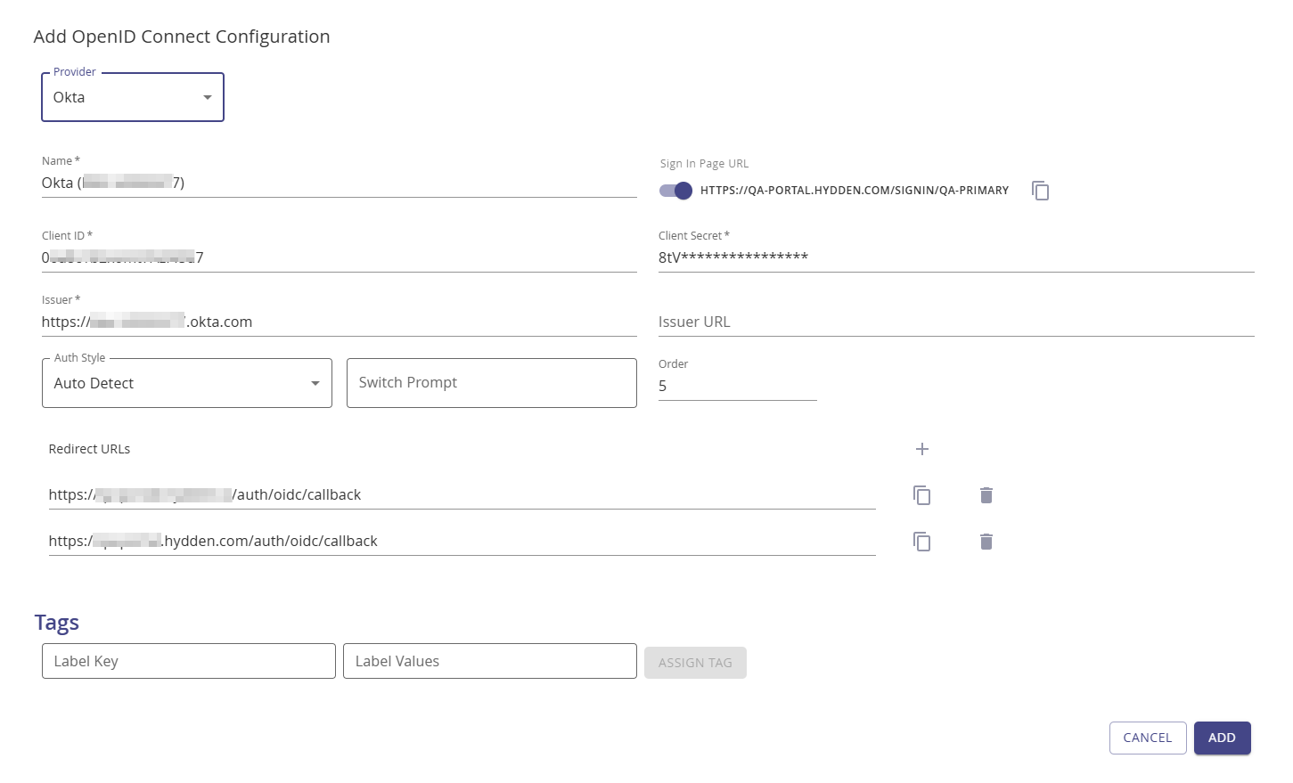 Add OpenID Connect Configuration Okta example