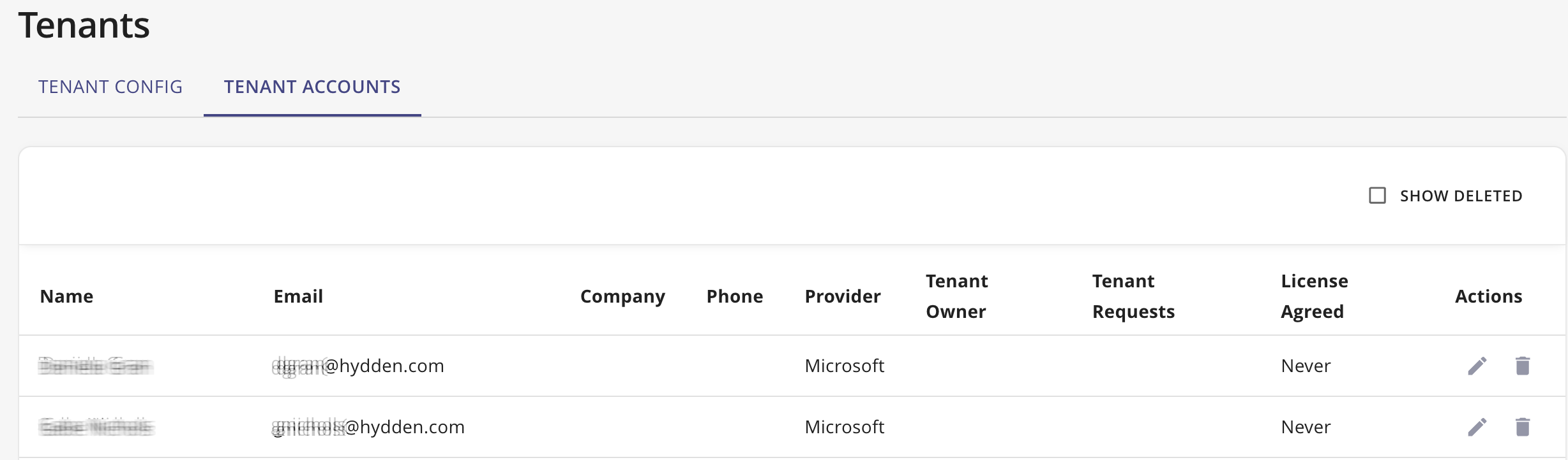 Tenant Accounts page