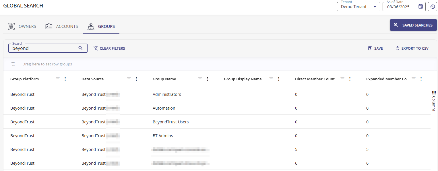 Global Search example on Groups tab