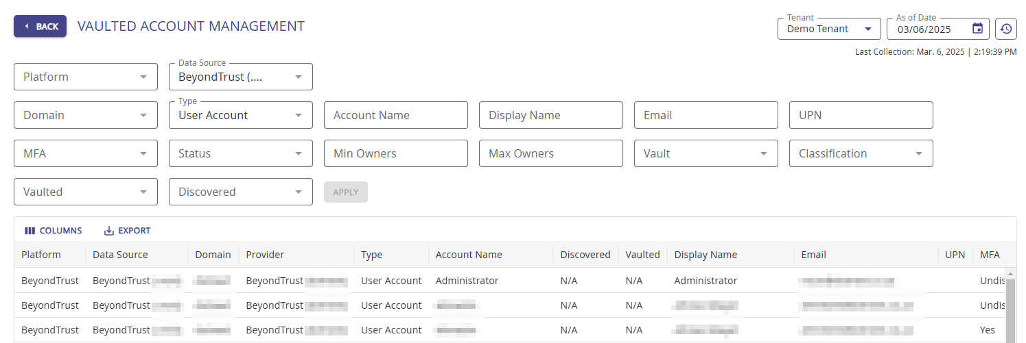 Vaulted Account Management query showing the Discovered and Vaulted columns