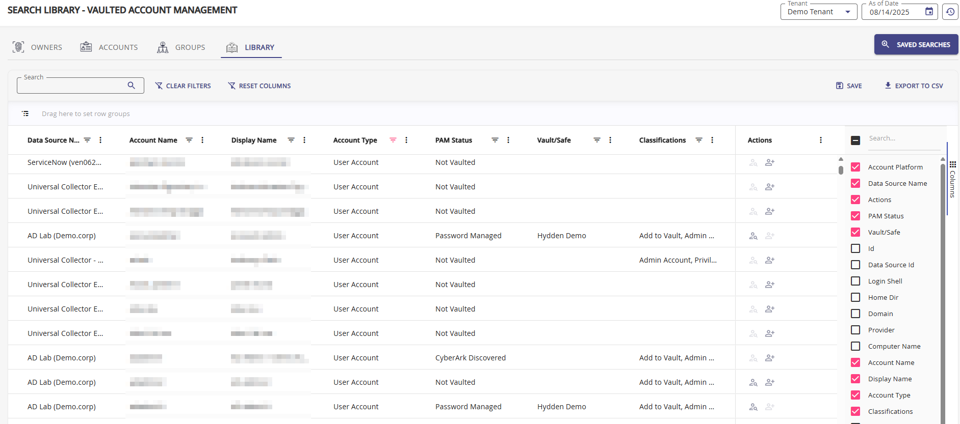 Vaulted Account Management query showing the Discovered and Vaulted columns