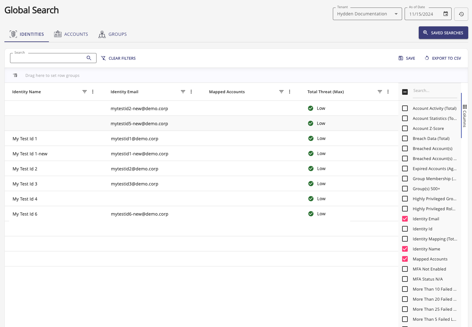 Global Search-Registerkarte auf Accounts mit geöffneter Columns-Registerkarte