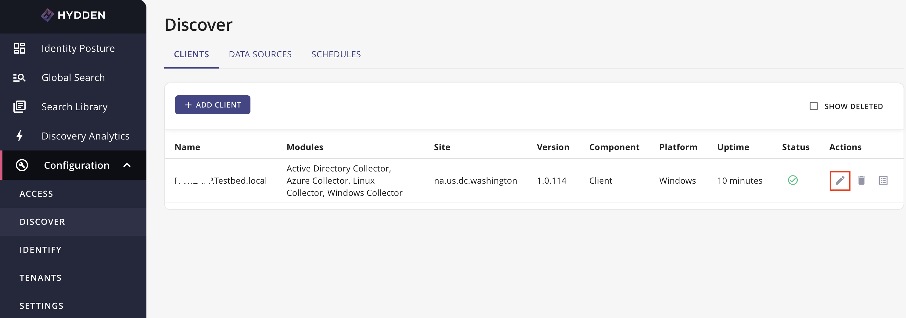 Clients page with highlighted edit button