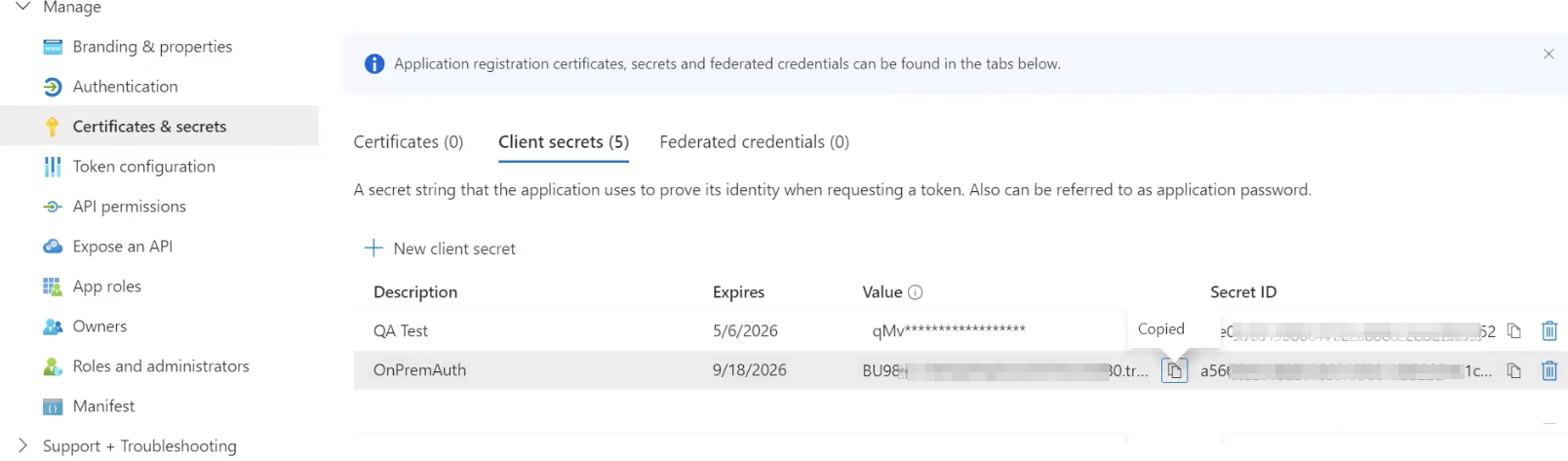 Azure portal Certificates & Secrets page