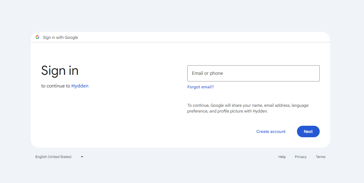 Google authentication dialog