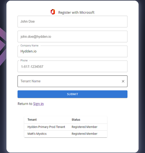 Hydden portal registration modal