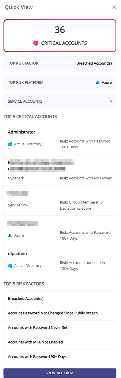 Example Quick view for Critical Accounts