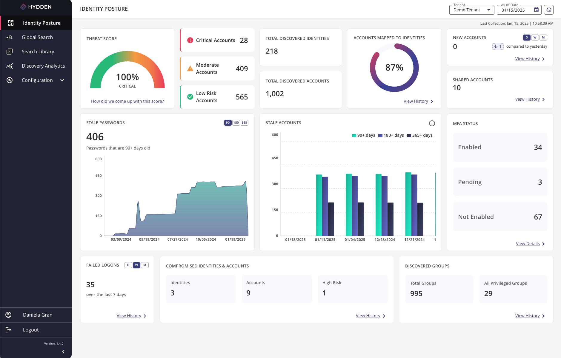Hydden main dashboard with collapsed left navigation panel